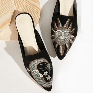 SHEIN Embroidered Moon & Sun Black Pointed Toe Mules